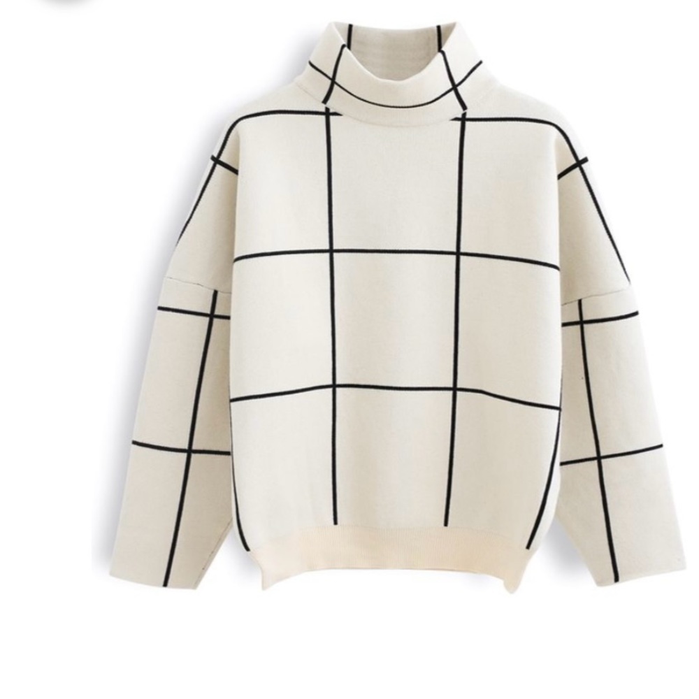Chicwish GRID TURTLENECK SWEATER cream black MEASUREMENTS